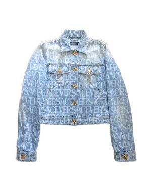 Versace Lavacanza Denim Jacket Logo Print Medusa Gold Button Indigo Blue 36